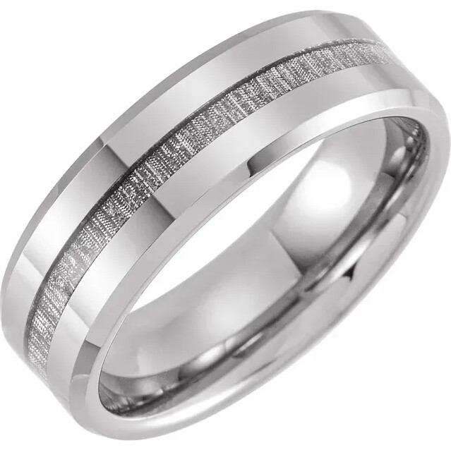 Beveled Tungsten Wedding Band with Imitation Meteorite Inlay