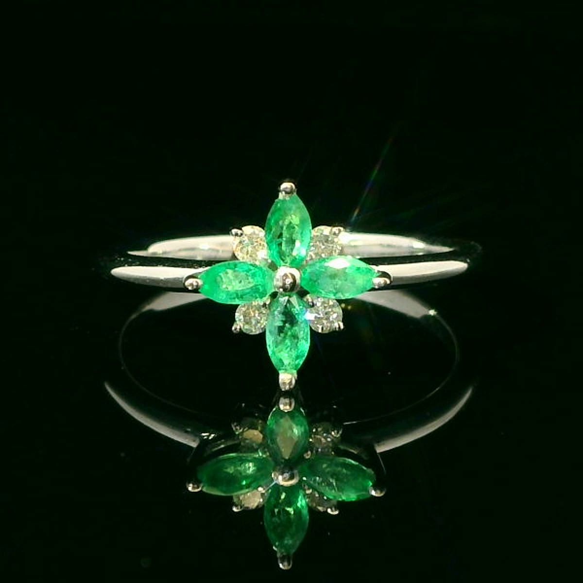 14KWG Emerald and Diamond Floral Ring