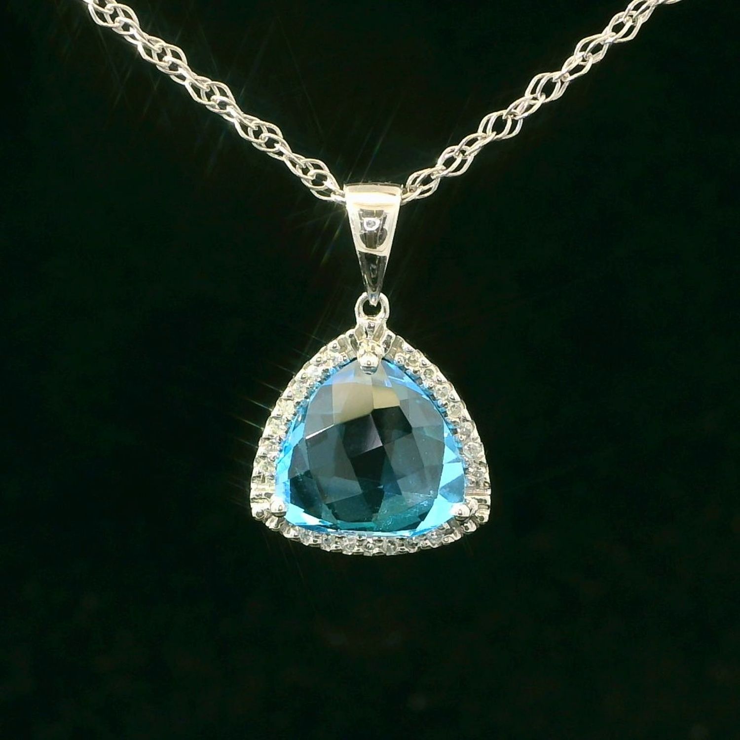14KWG Blue Topaz & Diamond Pendant
