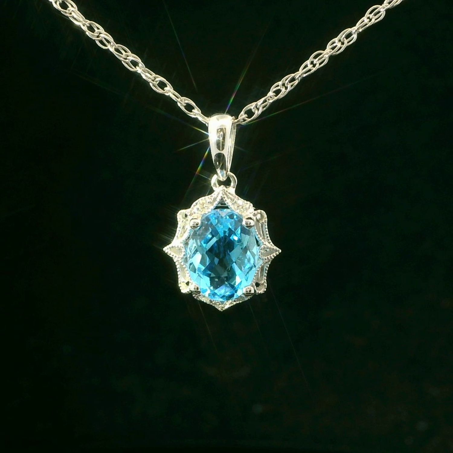 14KWG Blue Topaz and Diamond Pendant