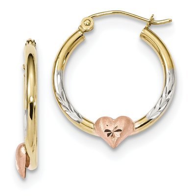 10K Gold and Rhodium Diamond-Cut Heart Hoop Earrings