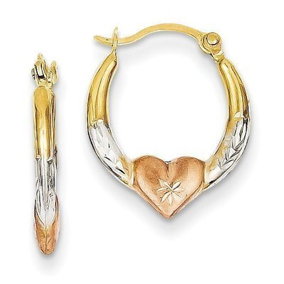 14KYG and Rhodium Diamond-Cut Heart Hoop Earrings