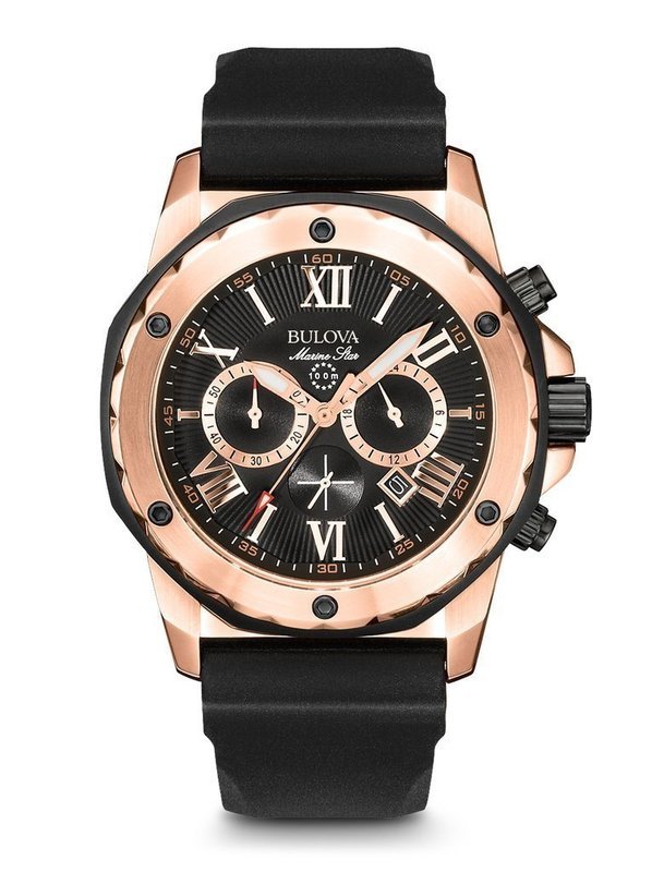 Gents' Bulova Rose-Tone Roman Numeral Marine Star Watch