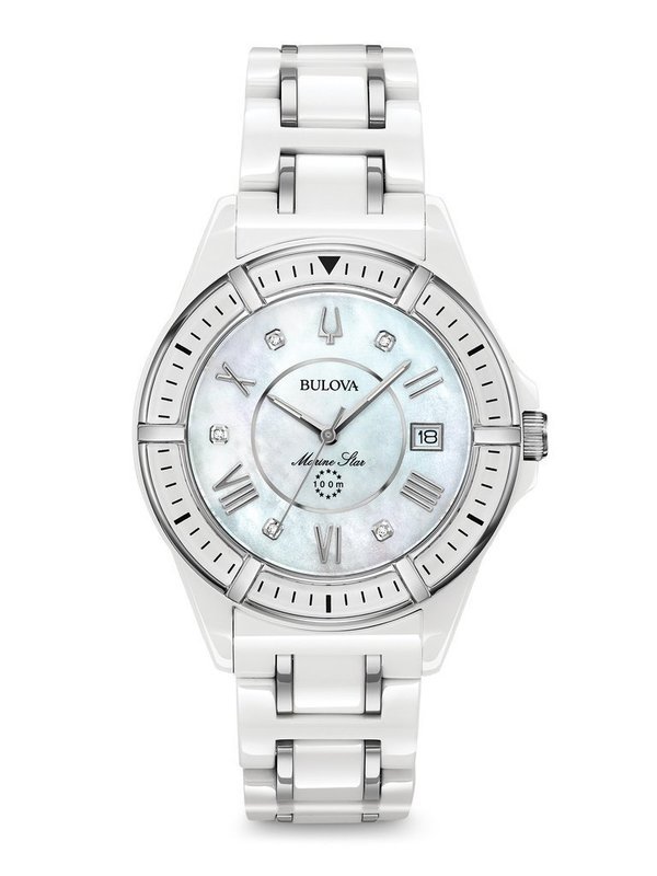 Ladies' Bulova White Ceramic Marine Star Watch