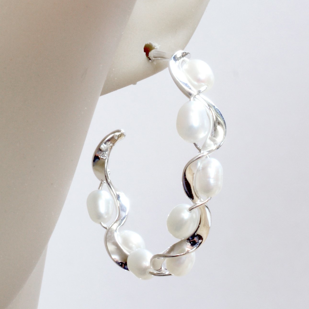 Sterling Silver Pearl Ruffle Hoop Earrings