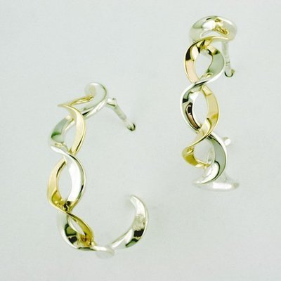 14K Yellow Gold and Sterling Silver Double Ruffle Hoop Earrings