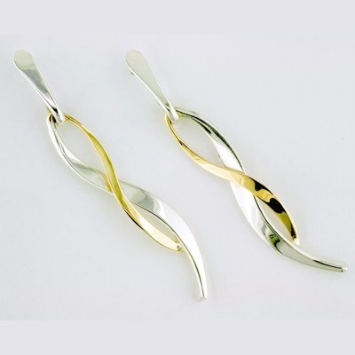 14K Yellow Gold and Sterling Silver Long Ribbon Earrings