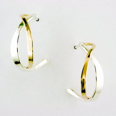 14K Yellow Gold and Sterling Silver Ribbon Hoop Earrings