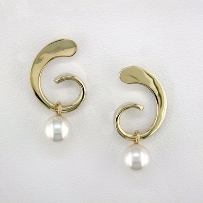 14K Yellow Gold Pearl Dangle Curl Earrings