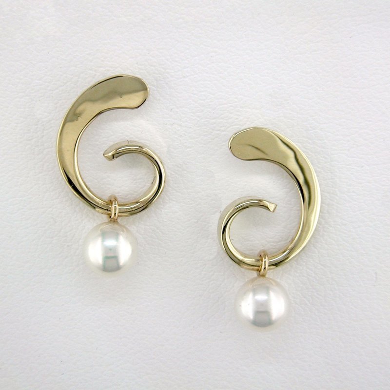 14K Yellow Gold Pearl Dangle Curl Earrings