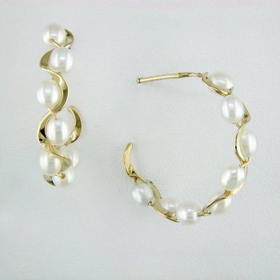 14K Yellow Gold Pearl Ruffle Hoop Earrings