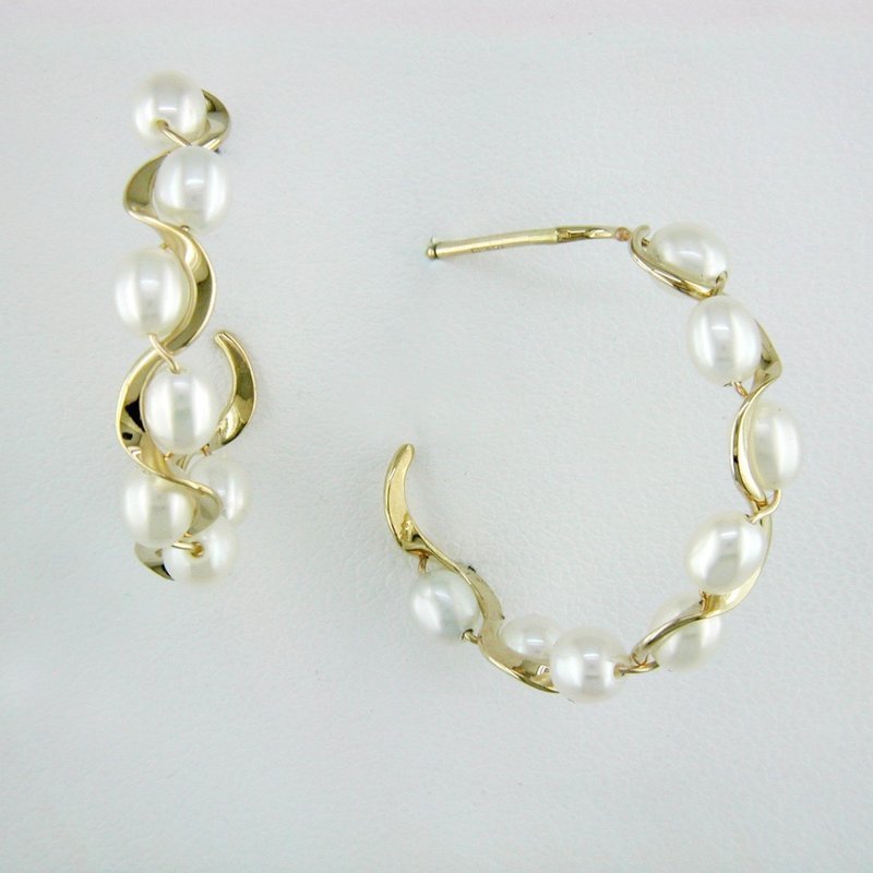 14K Yellow Gold Pearl Ruffle Hoop Earrings