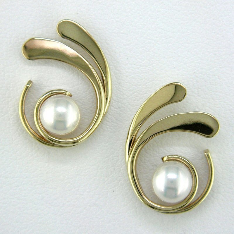 14K Yellow Gold Pearl Four Curl Earrings