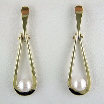 14K Yellow Gold Pearl Swinging Teardrop Earrings