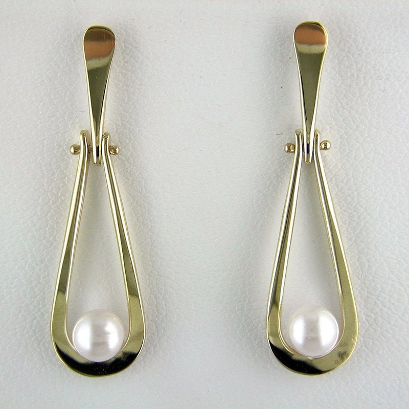 14K Yellow Gold Pearl Swinging Teardrop Earrings
