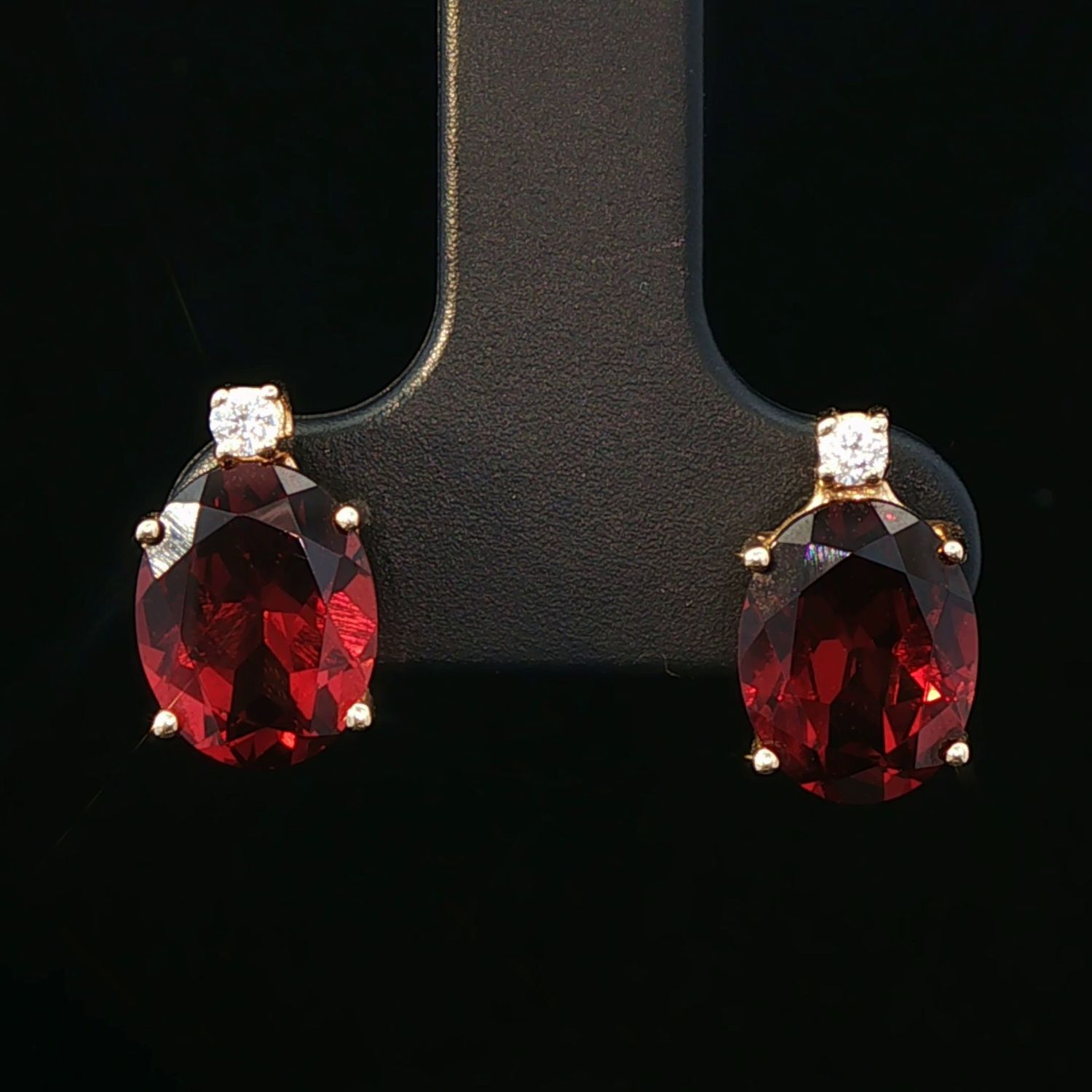 14K Yellow Gold Large Oval Garnet and Diamond Stud Earrings
