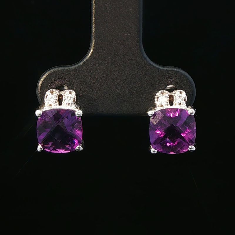 14K White Gold Amethyst and Diamond Stud Earrings