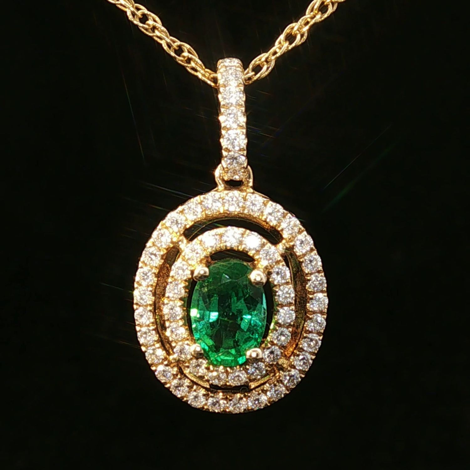 14K Yellow Gold Emerald and 0.25ct Natural Diamond Double Halo Pendant Necklace