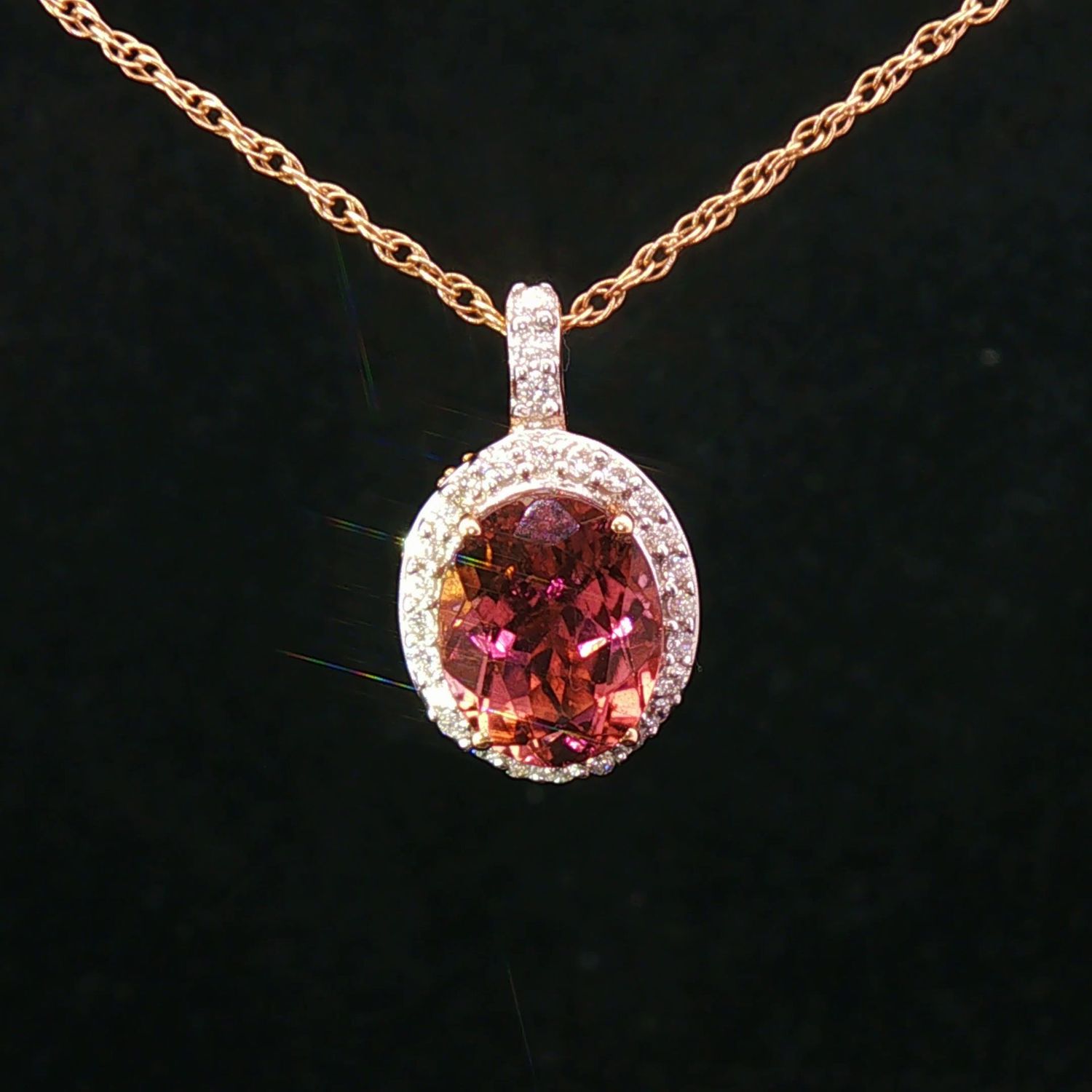 18K Rose Gold Pink Tourmaline Diamond Halo Pendant
