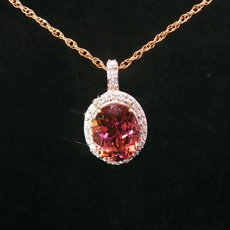 18K Rose Gold Large Oval Pink Tourmaline Diamond Halo Pendant
