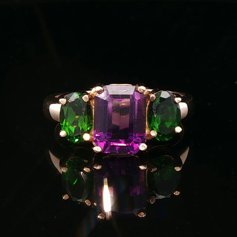 14K Yellow Gold Amethyst and Green Tsavorite Garnet Ring