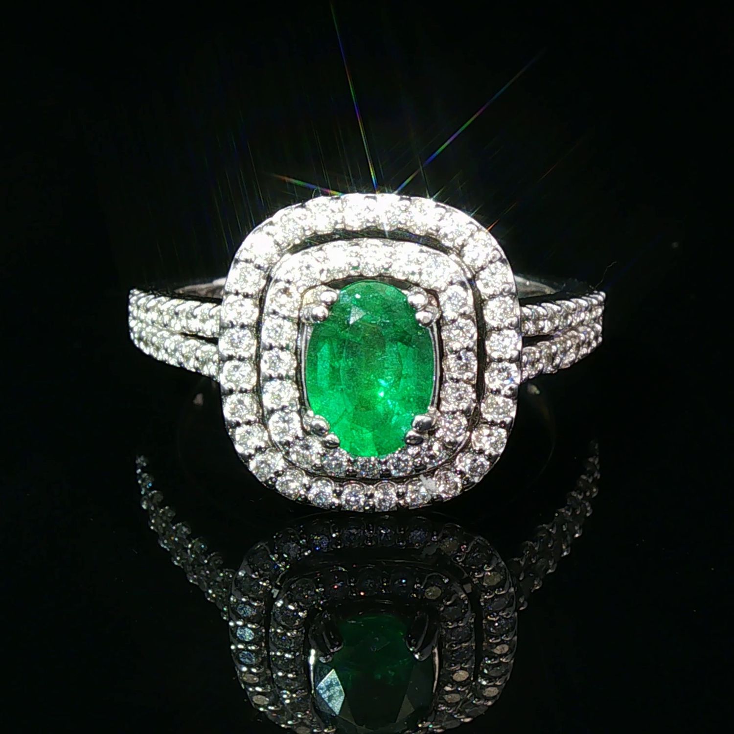 14K White Gold Emerald and Diamond Double Halo Ring