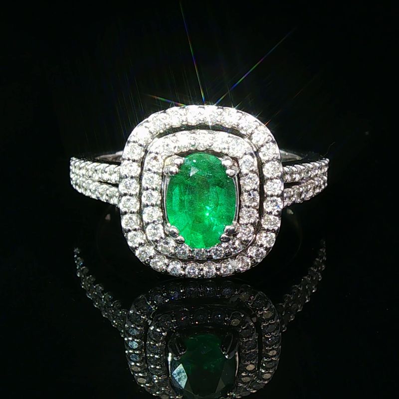 14K White Gold Emerald and Diamond Double Halo Ring