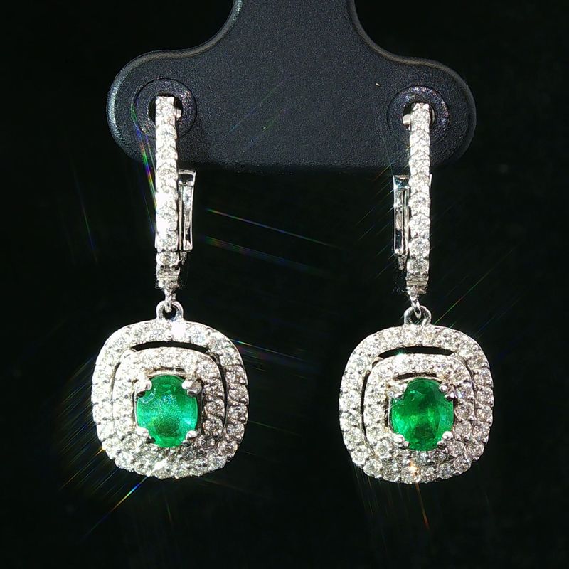 14K White Gold Emerald and Natural Diamond Double Halo Drop Earrings