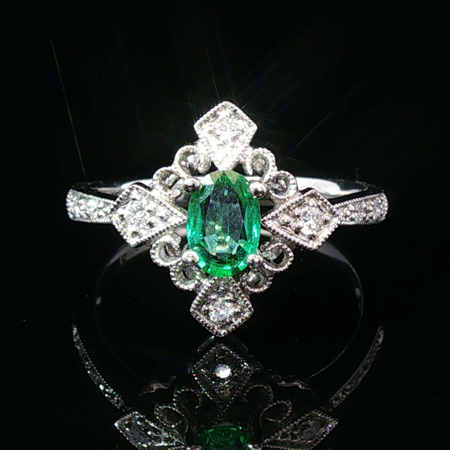 14K White Gold Emerald and Diamond Vintage Style Ring