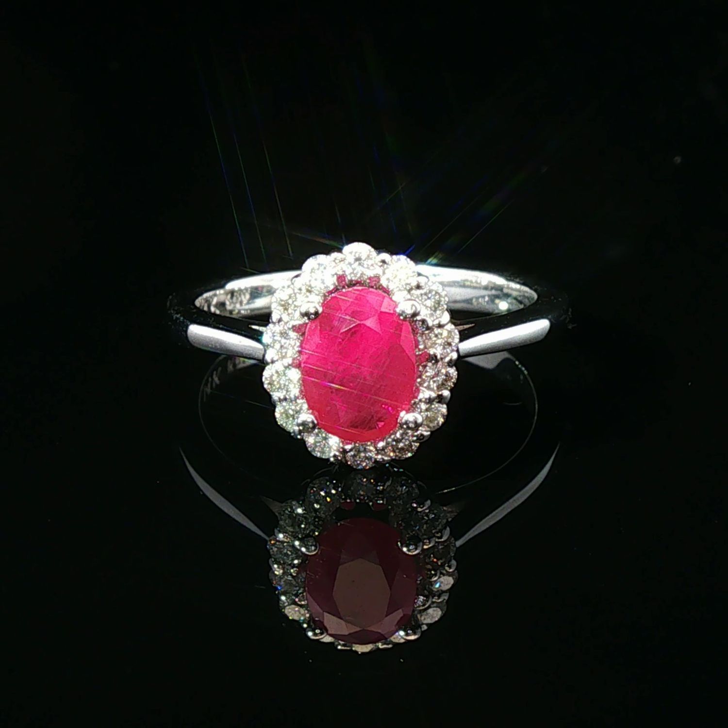 14K White Gold Ruby Diamond Halo Ring