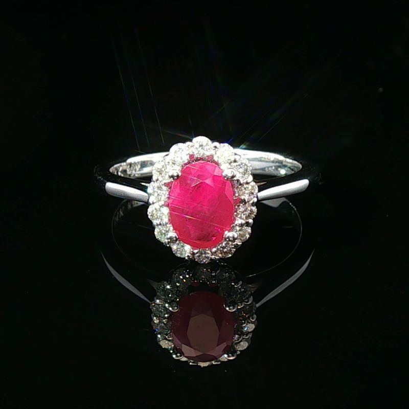 14K White Gold Ruby Diamond Halo Ring