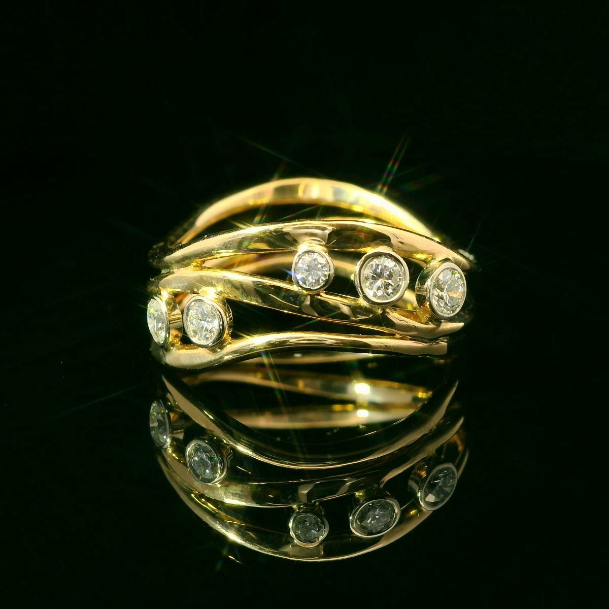 14K Yellow Gold Diamond Water Wave Ring - Five Stones