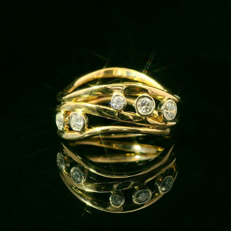 14K Yellow Gold Diamond Water Wave Ring - Five Stones