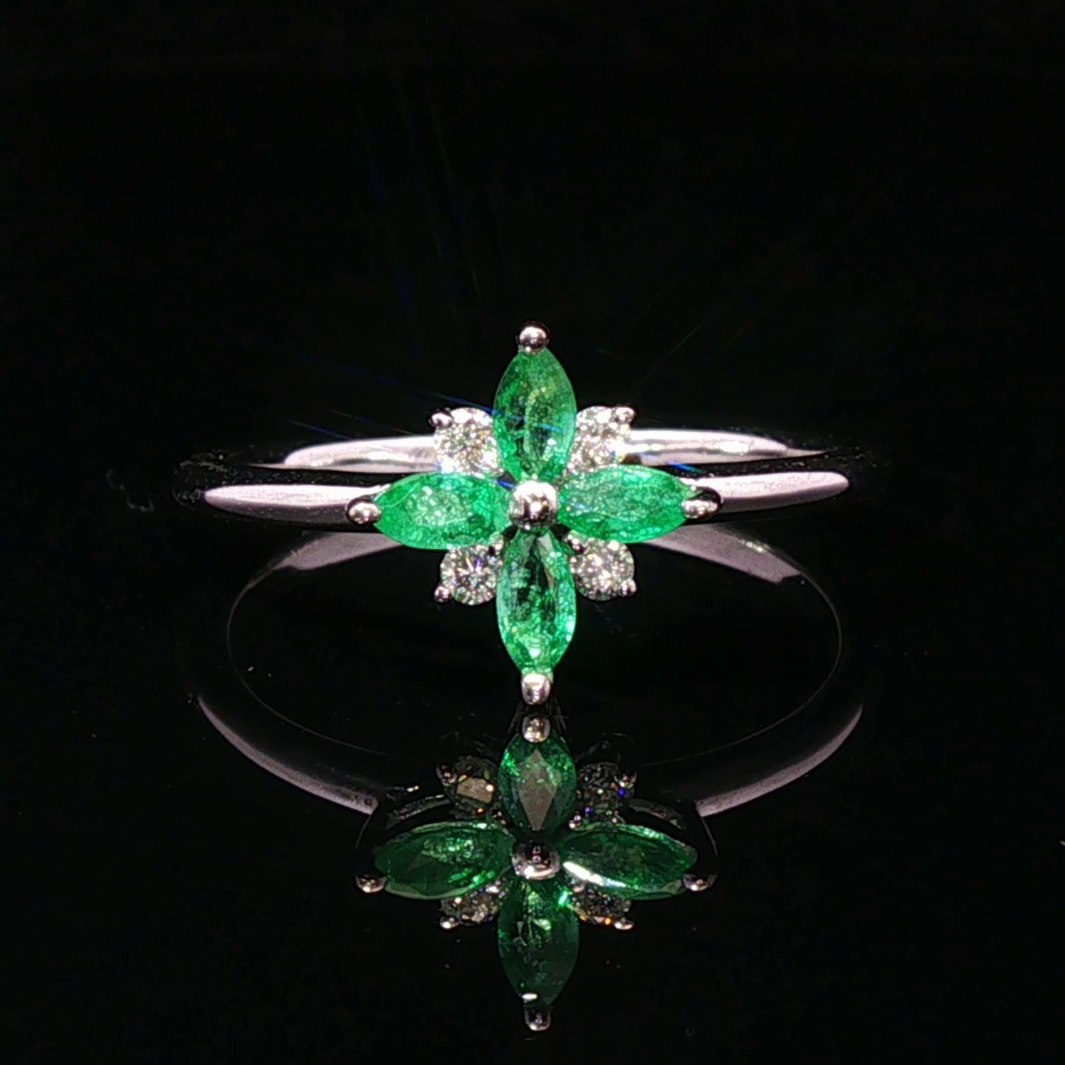 14K White Gold Emerald and Diamond Floral Ring