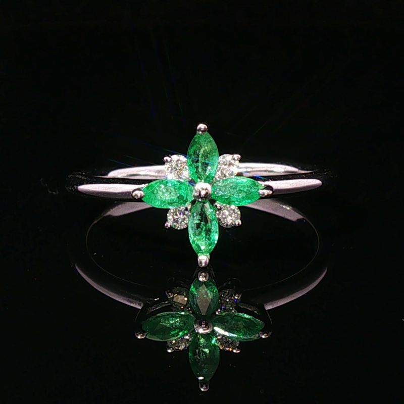 14K White Gold Emerald and Diamond Floral Ring