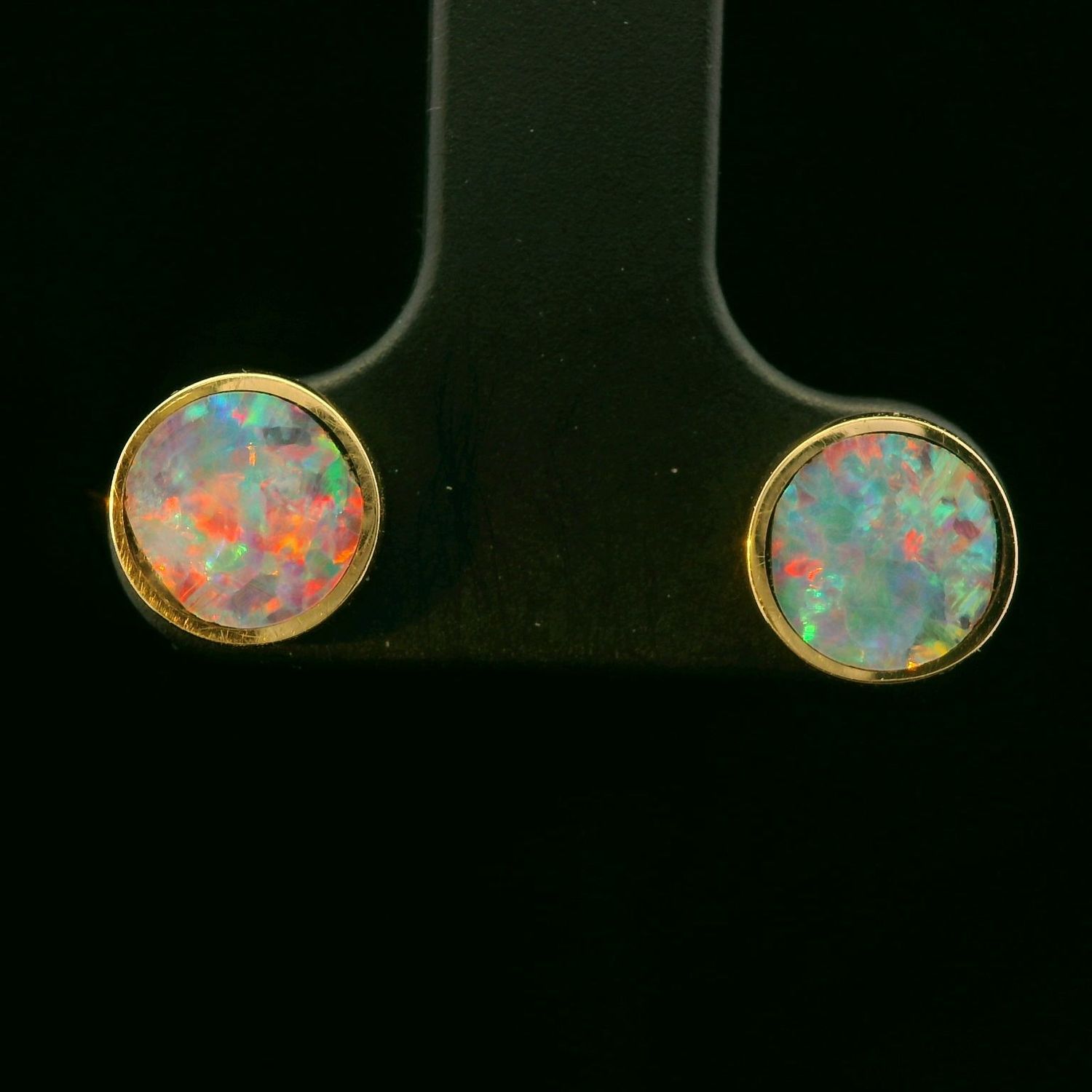 14K Yellow Gold Black Opal Round Bezel Earrings