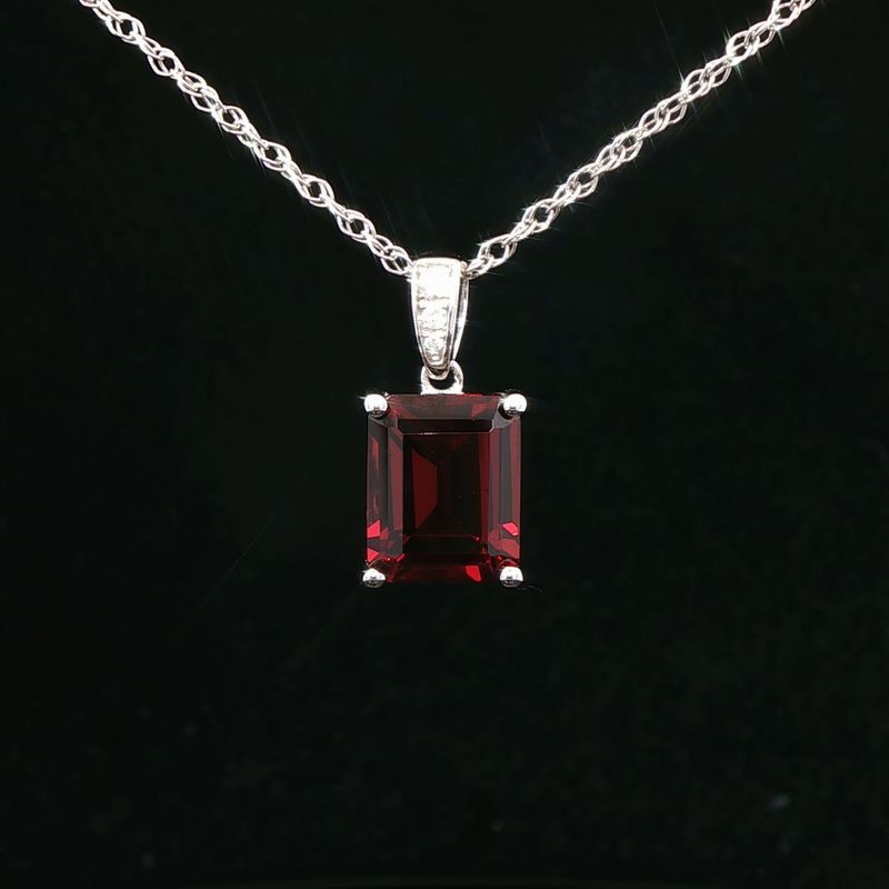 14K White Gold Emerald-Cut Garnet and Diamond Pendant Necklace