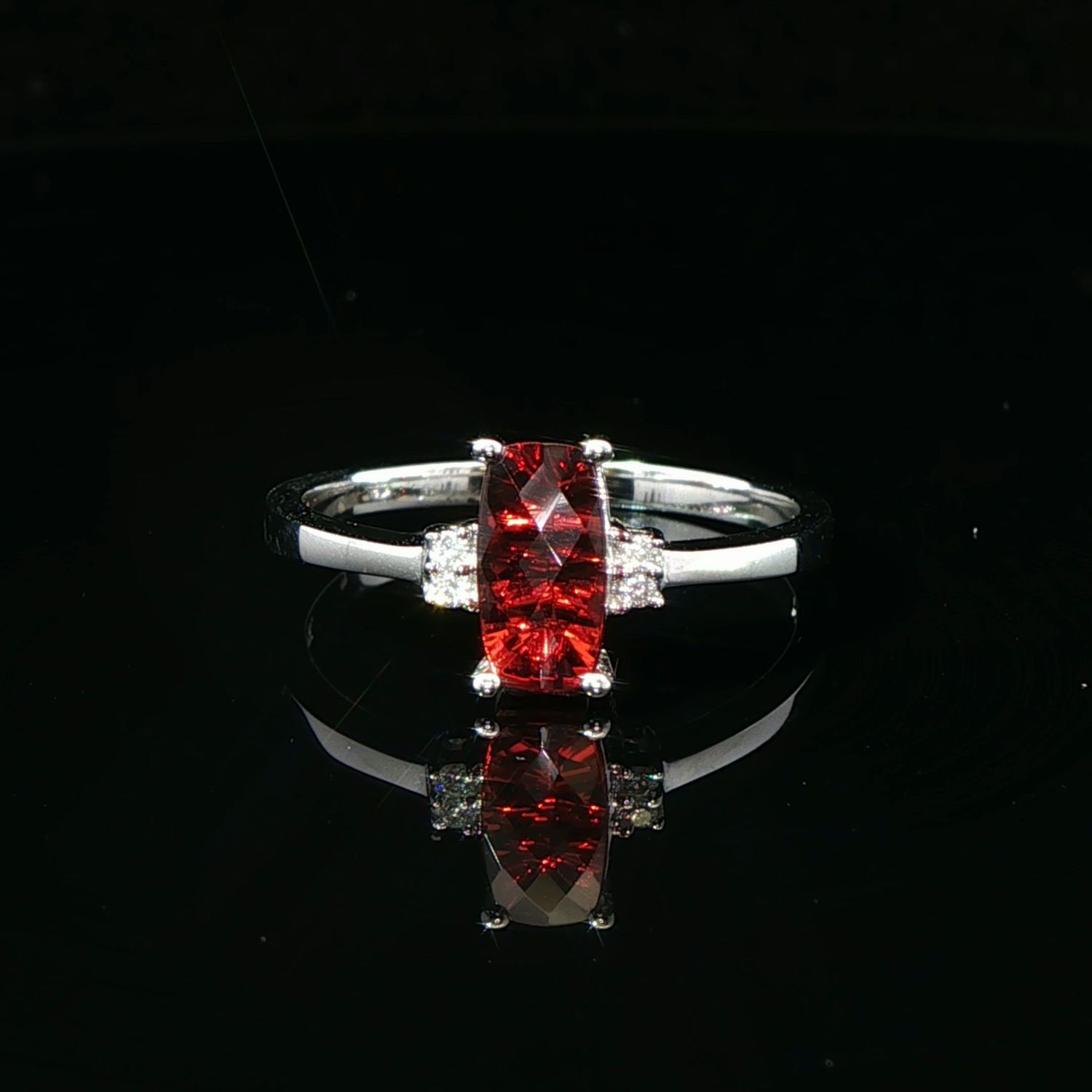 14K White Gold Long Cushion Garnet and Diamond Ring