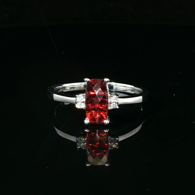 14K White Gold Long Cushion Garnet and Diamond Ring