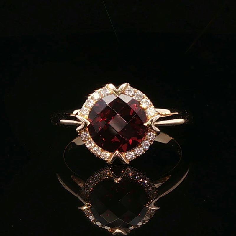 14K Yellow Gold Garnet Diamond Halo Ring