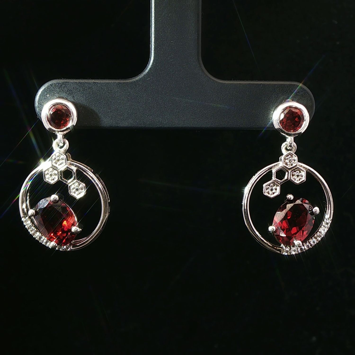 Sterling  Silver Garnet and CZ Circle Dangle Earrings