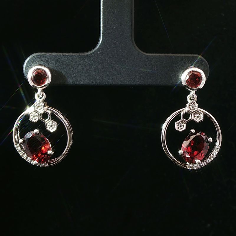 Sterling  Silver Garnet and CZ Circle Dangle Earrings