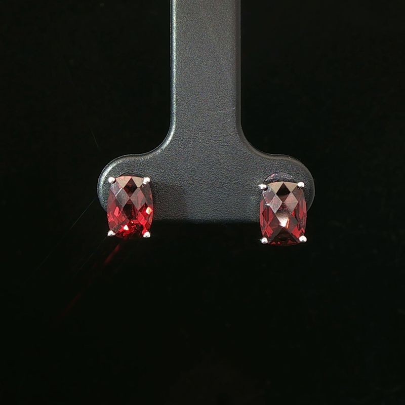 14K White Gold Long Cushion Garnet Stud Earrings