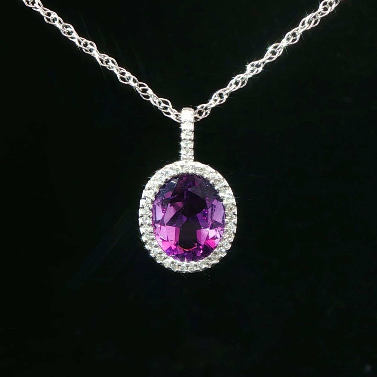 14K White Gold Large Oval Amethyst and Diamond Halo Pendant