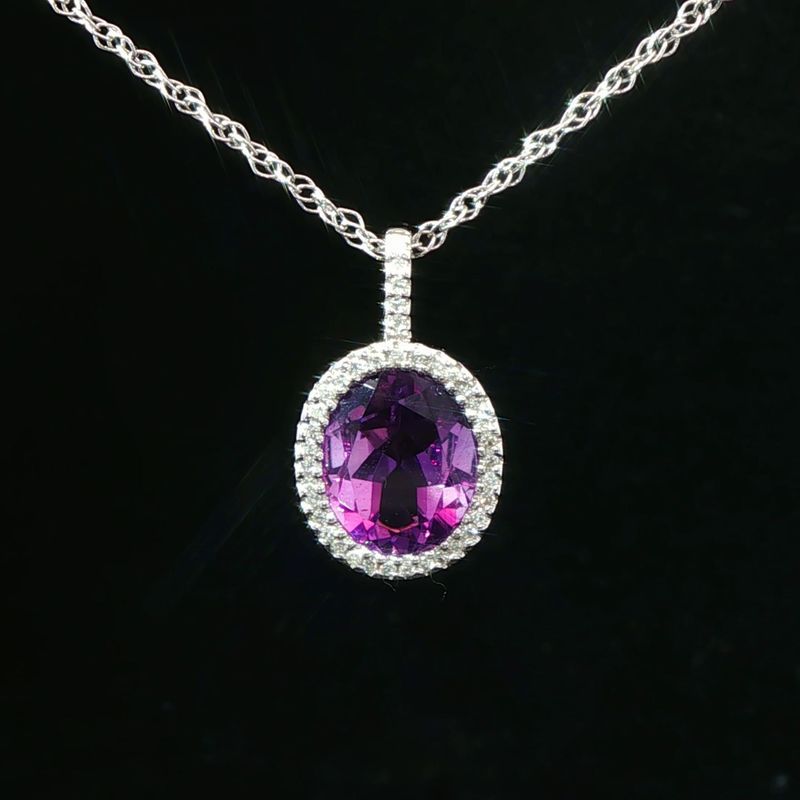 14K White Gold Large Oval Amethyst and Diamond Halo Pendant