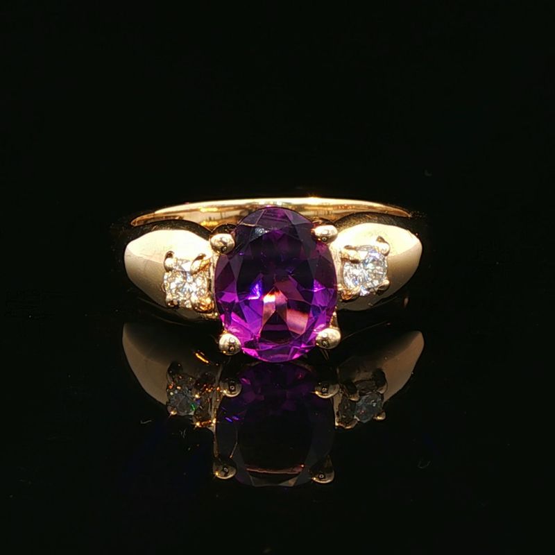 14K Yellow Gold Oval Amethyst and Diamond Ring