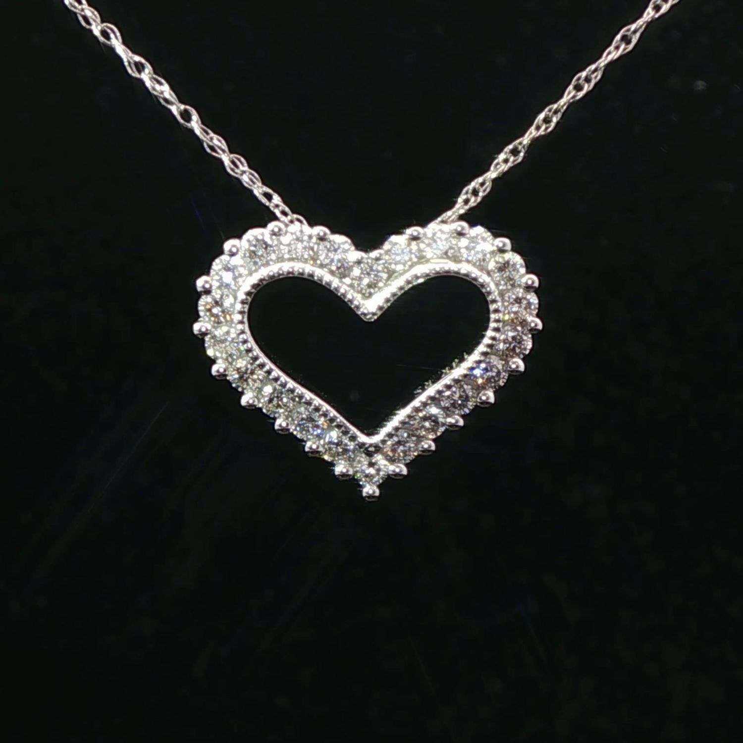 14K White Gold Open Heart Diamond Pendant Necklace