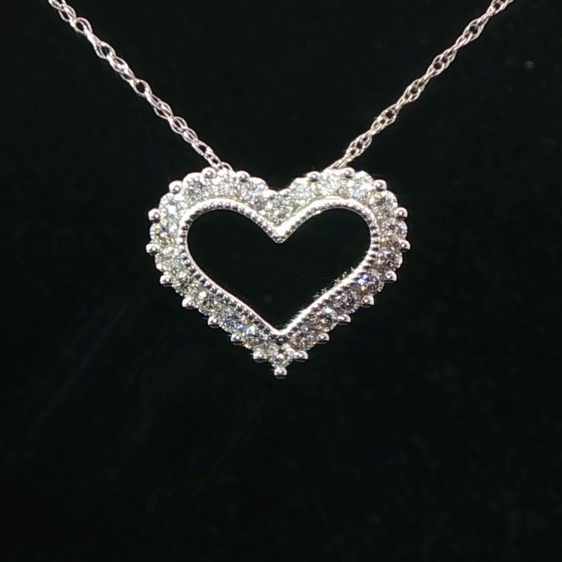 14K White Gold Open Heart Diamond Pendant Necklace