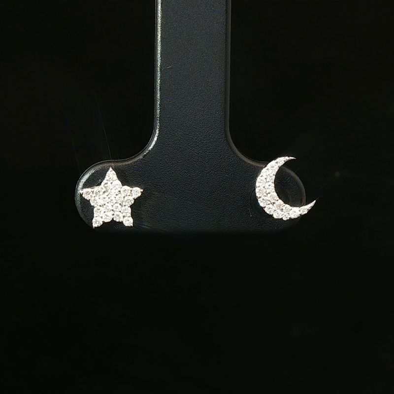 14K White Gold Natural Diamond Celestial  Star & Crescent Moon Mismatched Stud Earrings