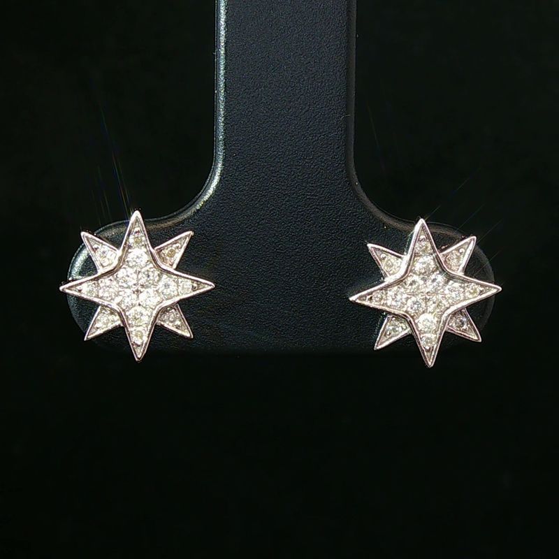 14K White Gold Celestial Natural Diamond Star Starburst Stud Earrings